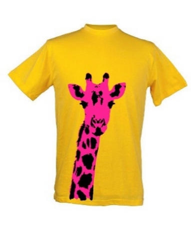 Kids Pink Giraffe Plain Yellow Background T Shirt